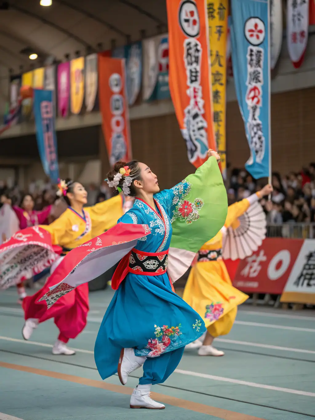 A vibrant image of students participating in a cultural dance workshop, with colorful costumes and enthusiastic expressions.