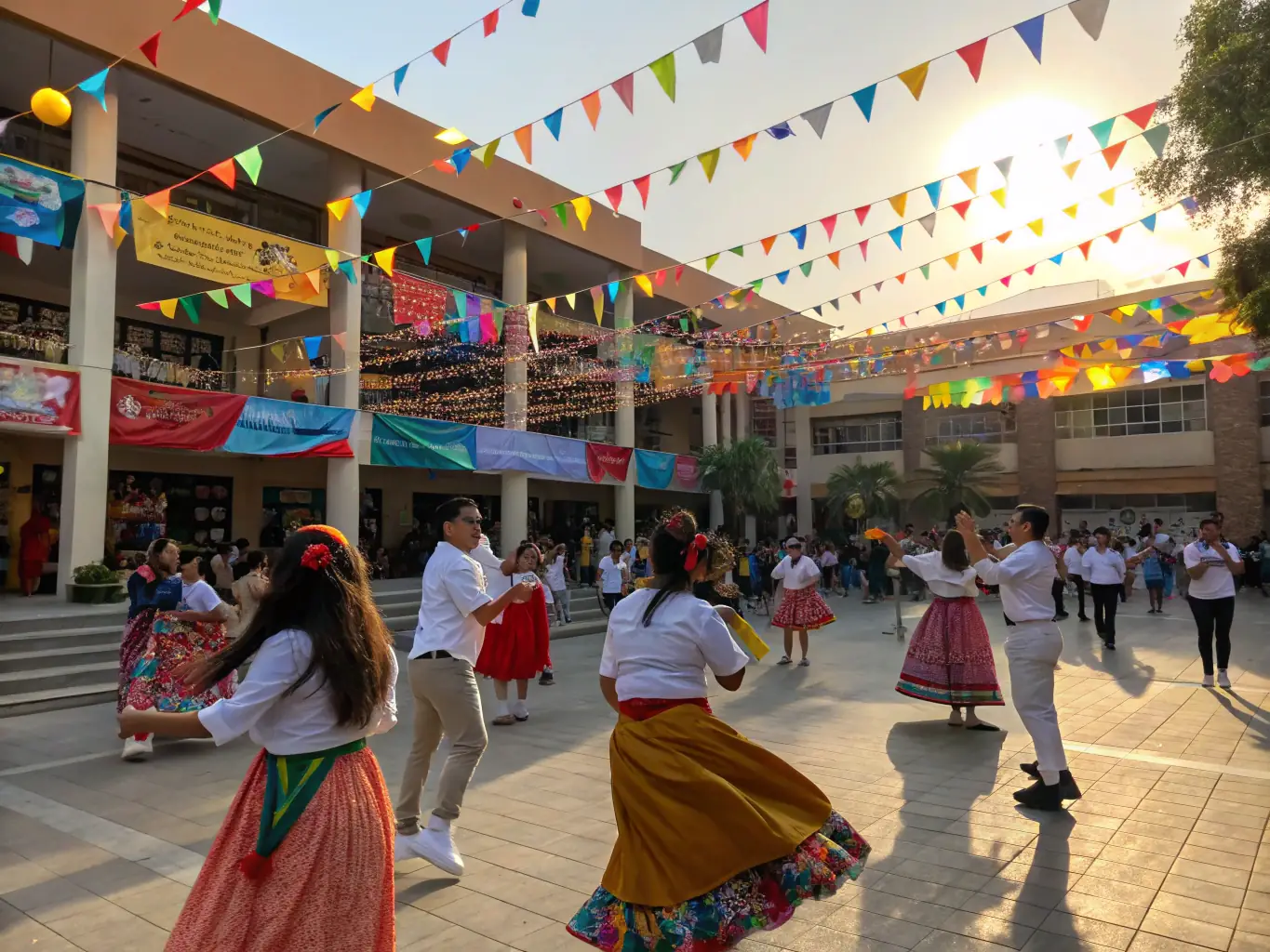 A lively photo of students attending a cultural festival on campus, featuring music, dance, and artistic displays.