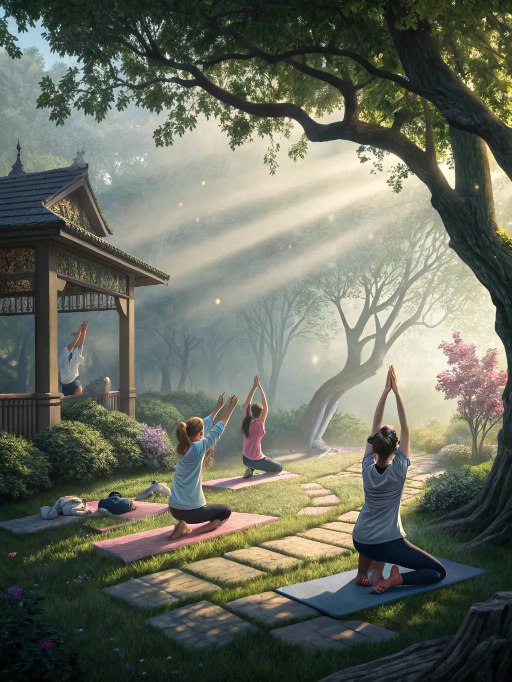 A group of students engaged in a yoga session outdoors on campus, promoting wellness and relaxation.