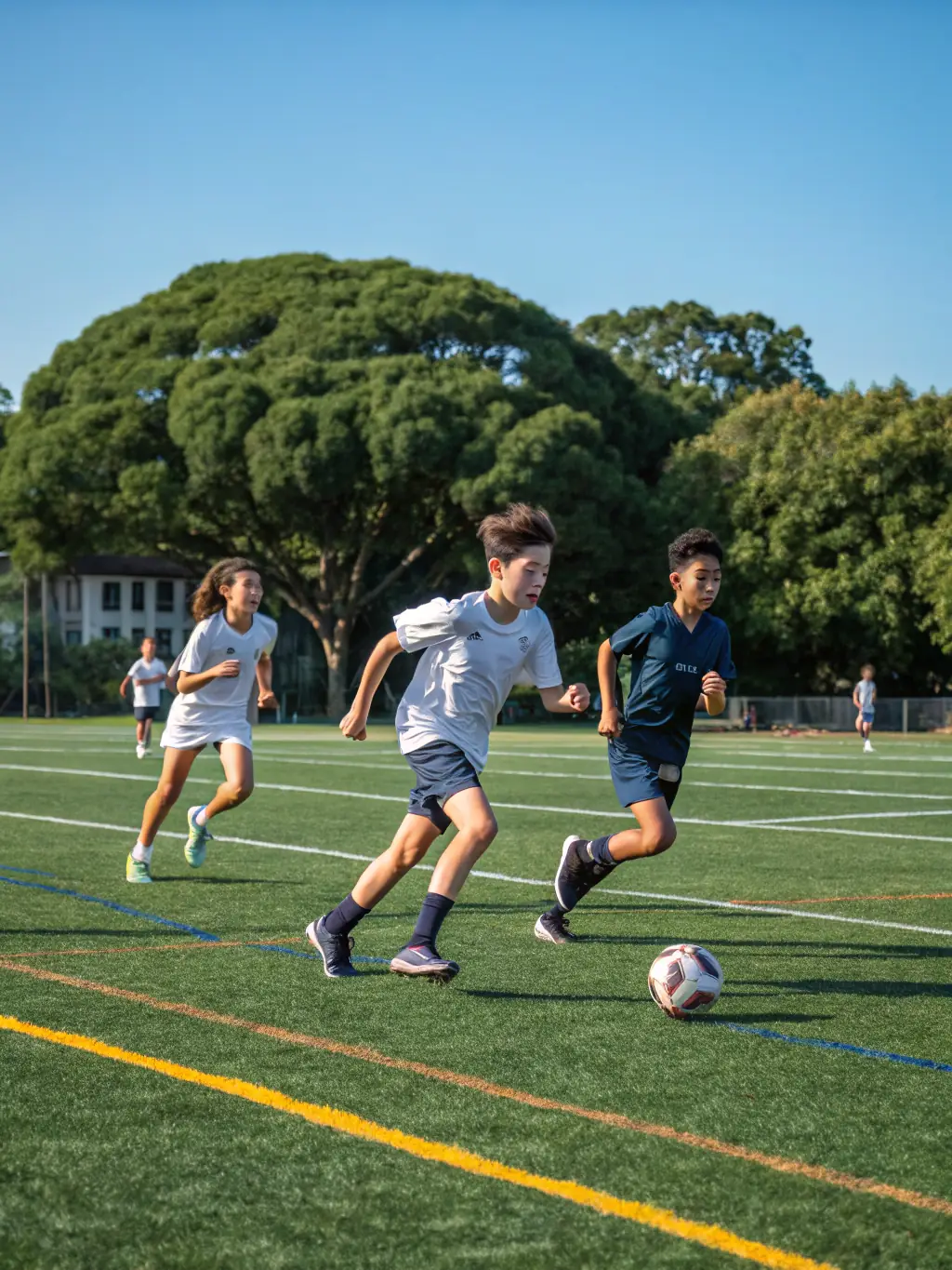 A photograph of students playing soccer on a university field, showcasing teamwork and athletic activity, under bright sunlight.